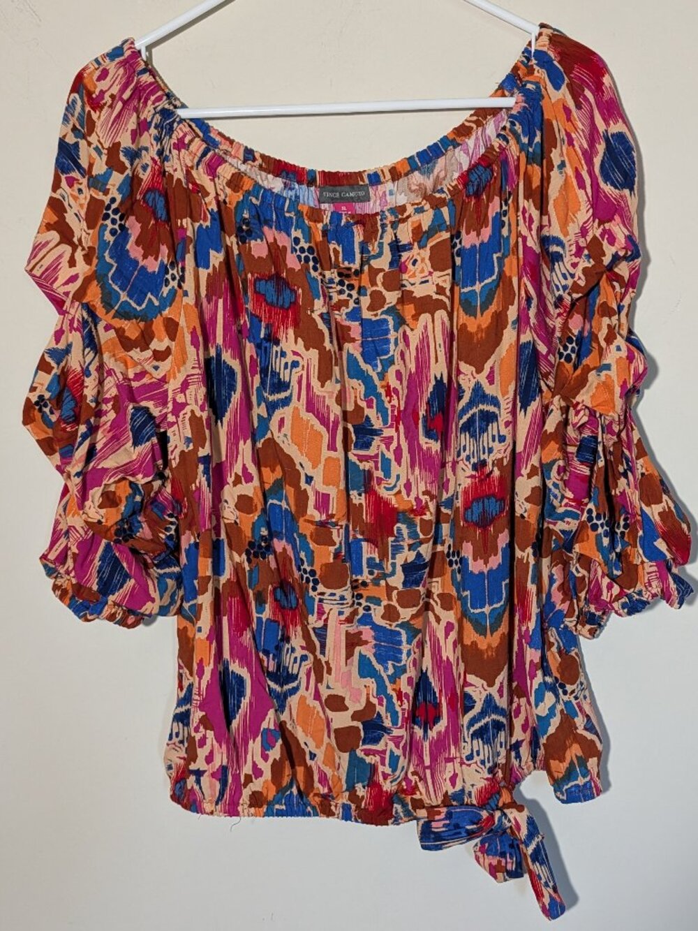 Vince Camuto Abstract Print Off The Shoulder Bubble Sleeve Blouse XL Brown